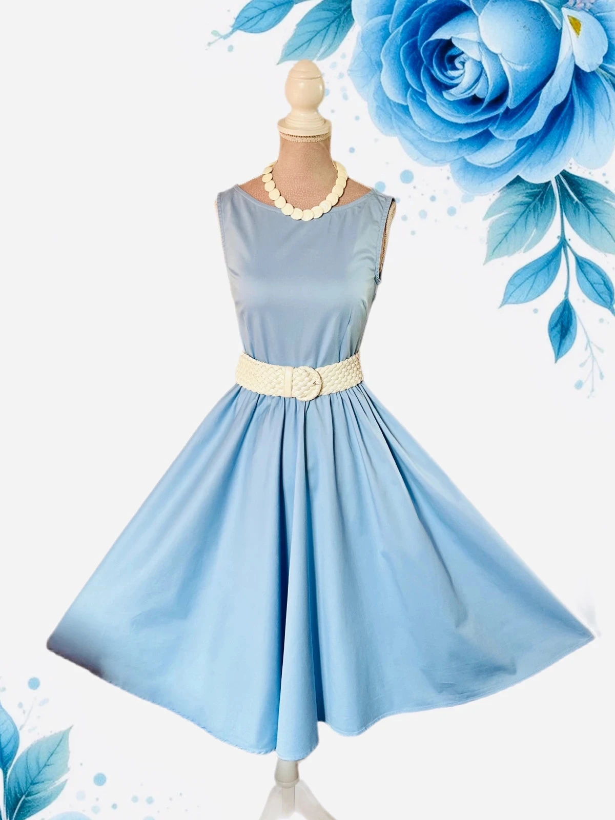🩵👗Vestido de algodão Rockabilly Pin-Up Retrô Azul Céu Lindy Bop Vintage 50s estilo Swing Dress 34/36👗🩵 – photo 3
